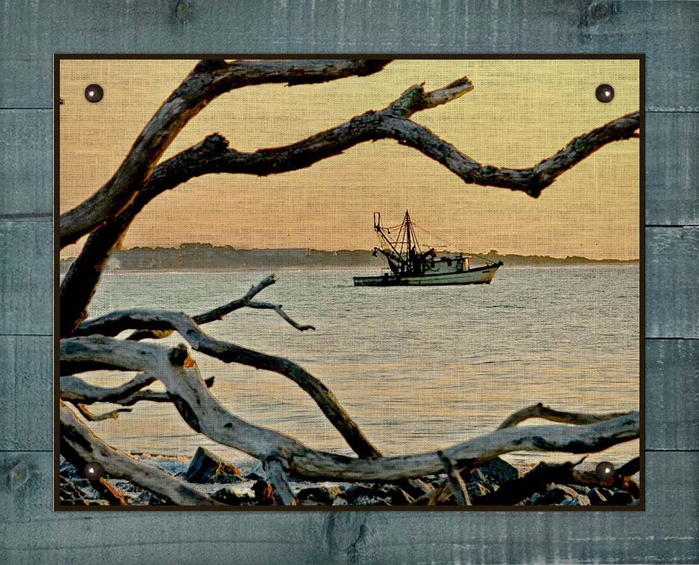 Shrimp Boat And Driftwood - On 100% Natural Linen