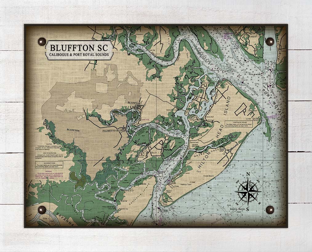 Bluffton South Carolina Nautical Chart On 100 Natural Linen The