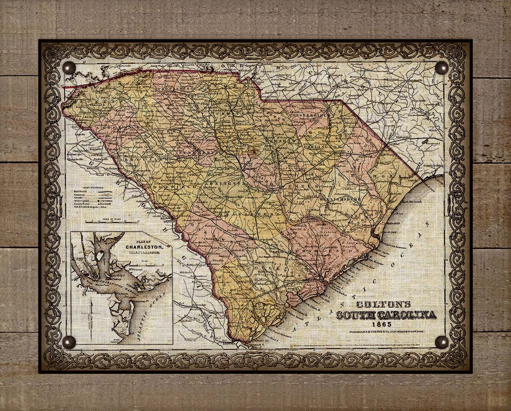 1865 South Carolina Map Design - On 100% Natural Linen