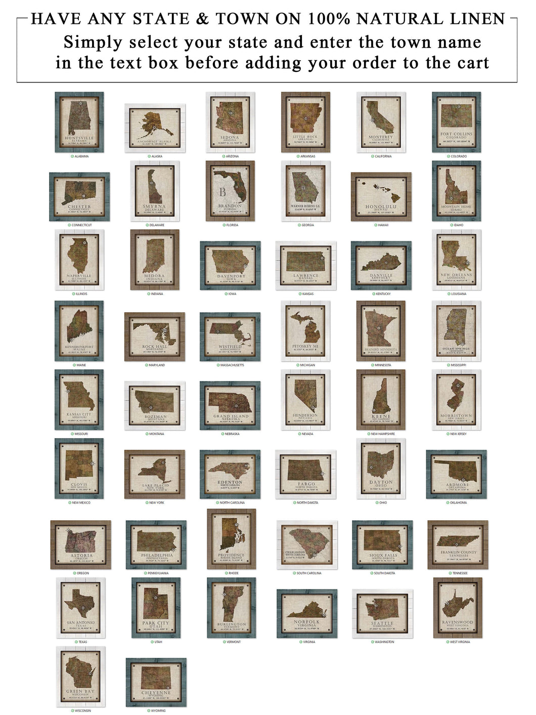 -Any State & Town In The U.S.A. - Board Mounted Canvas Print