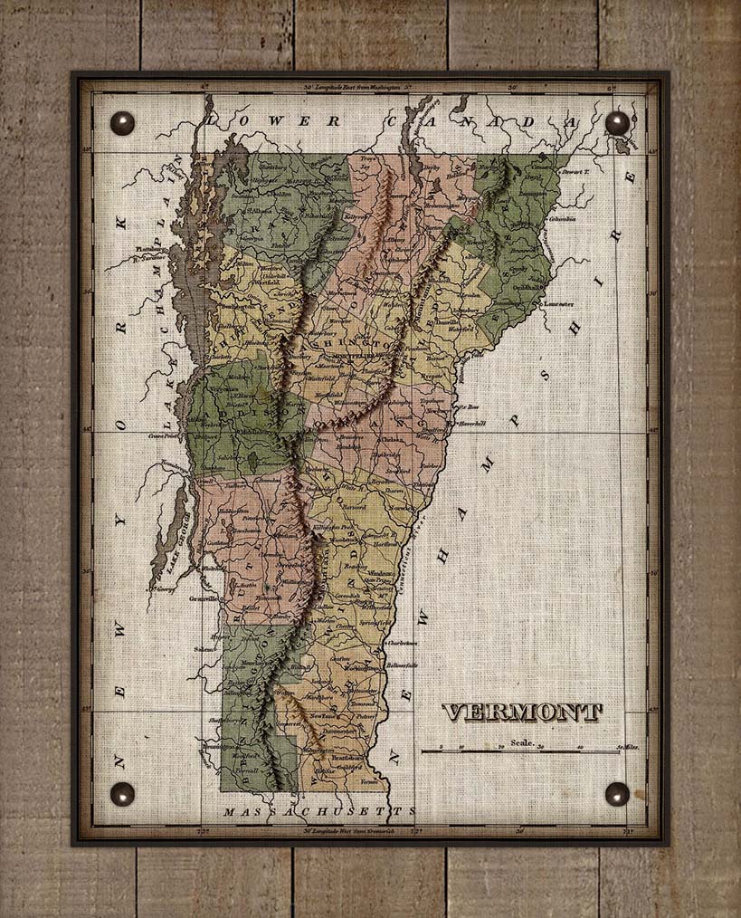 1800s Vermont Map - On 100% Natural Linen