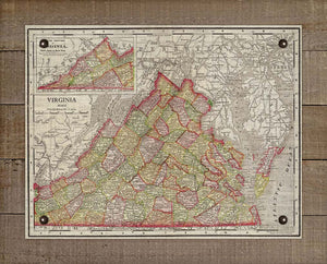 1800s Virginia Map - On 100% Natural Linen