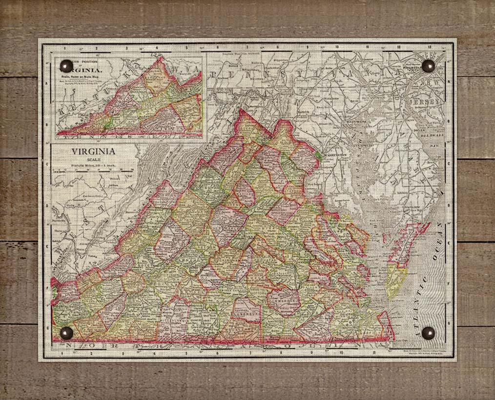 1800s Virginia Map - On 100% Natural Linen