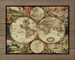 1690 World Map - On 100% Natural Linen